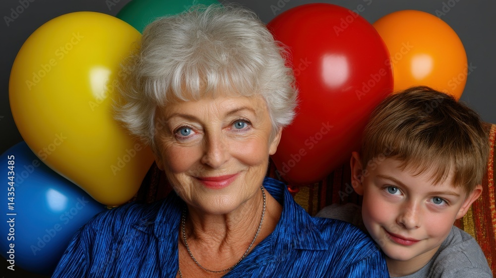 Studio portrait with grandma and balloons, face, grandparent, baby, son
