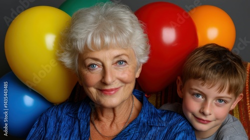 Studio portrait with grandma and balloons, face, grandparent, baby, son