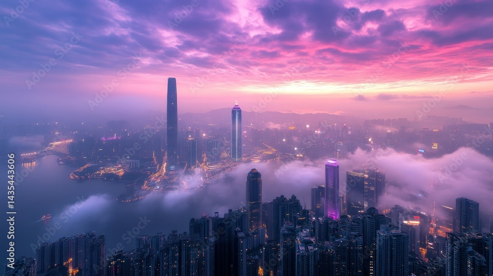 Fototapeta premium The City Skyline At Sunset Showing Buildings And Clouds
