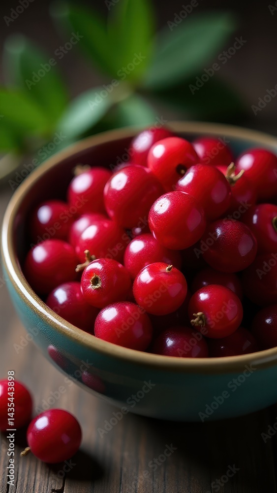 A rustic wooden table displays a ceramic bowl brimming with vibrant, fresh red currants, highlighting the fruit's natural shine and color A rustic wooden table displays a ceramic bowl brimming with vibrant, fresh red currants, highlighting the fruit's natural shine and color
