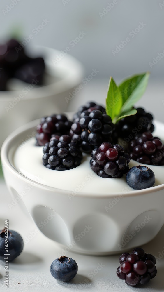 A bowl of creamy yogurt is topped with fresh blackberries and blueberries, garnished with a sprig of mint for a refreshing, healthy dessert A bowl of creamy yogurt is topped with fresh blackberries and blueberries, garnished with a sprig of mint for a refreshing, healthy dessert