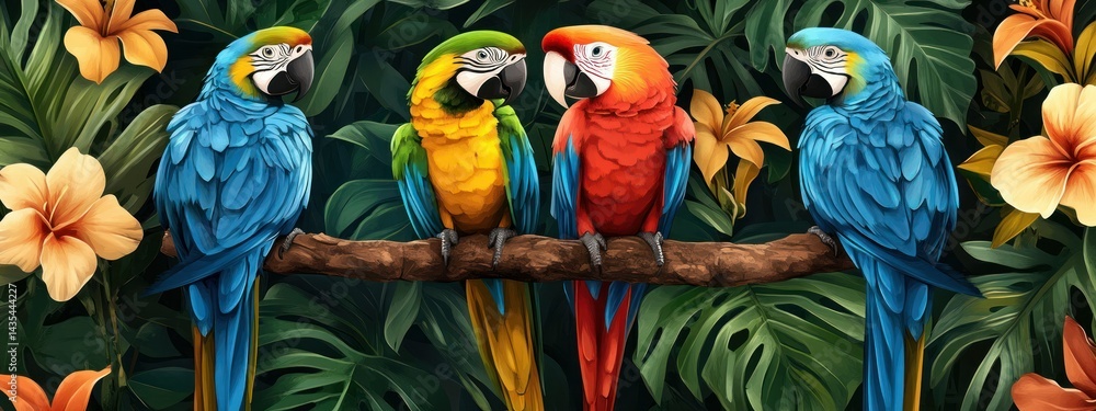 Obraz premium A vibrant illustration of four colorful parrots perched on a branch surrounded by tropical foliage.