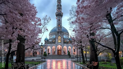 Beautiful view of the mosque and purple white flowering trees