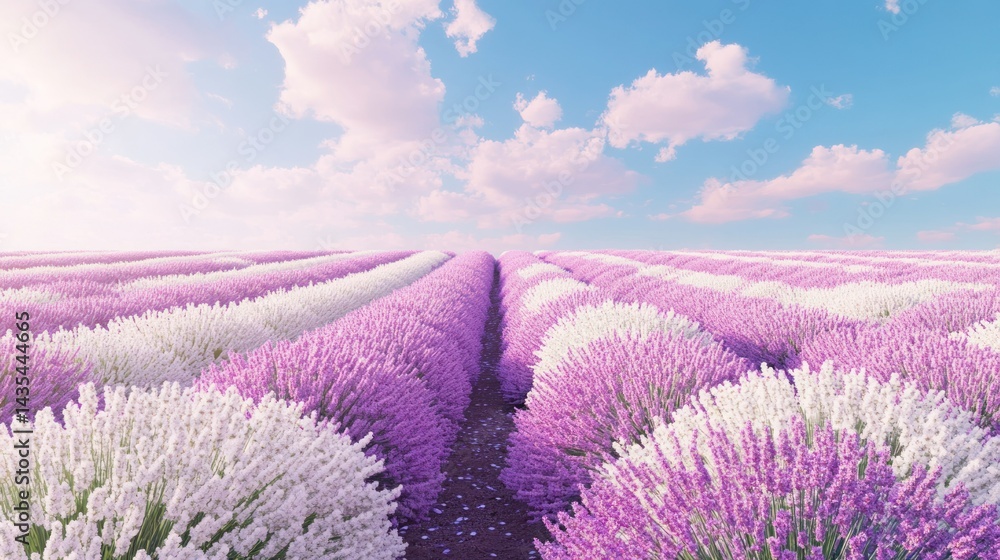 Obraz premium A vibrant landscape of lavender fields under a blue sky with fluffy clouds.