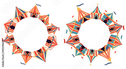Vector round borders with circus vintage tents and copy space. Festive collection of frames with colorful carnival marquees and place for text for invitation and card
