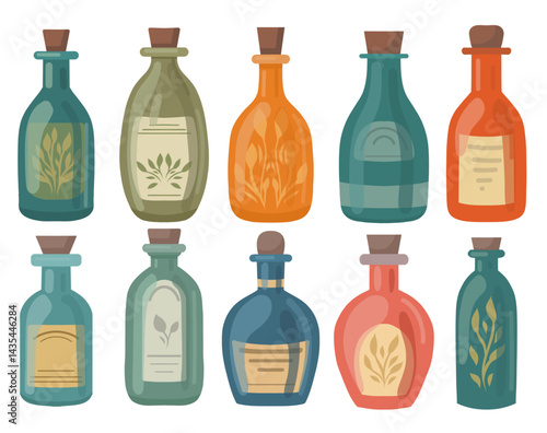 Vector set of bottles of different shapes in cartoon style. Collection of flasks with elixirs and medicines. Aromatherapy and oils.