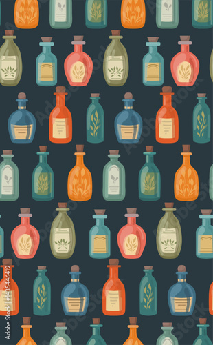 Vector seamless pattern with bottles of potions in cartoon style. Texture with flasks with elixirs and medicines in row on dark background. Wallpaper aroma oils for textile.