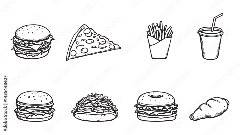 Fast food icon set line art simple and sleek designs Fast food icon set line art simple and sleek designs