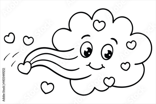 Groovy cloud blowing wind with floating smiley faces and hearts