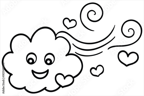 Groovy cloud blowing wind with floating smiley faces and hearts