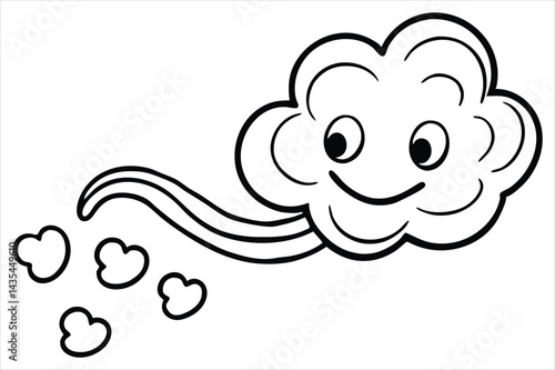 Groovy cloud blowing wind with floating smiley faces and hearts