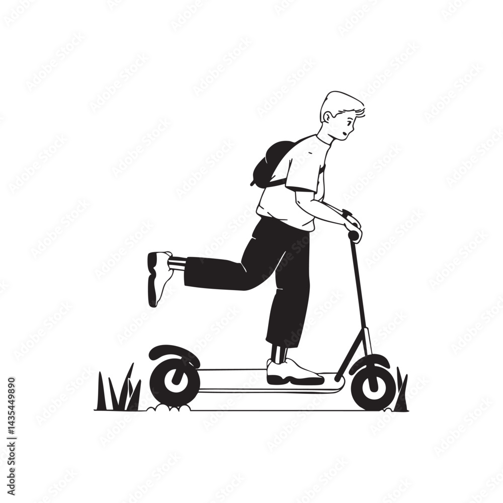 A boy rides a scooter. Black and white minimalist vector illustration. A boy rides a scooter. Black and white minimalist vector illustration.