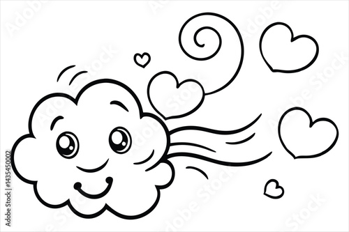 Groovy cloud blowing wind with floating smiley faces and hearts