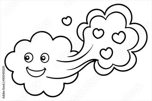 Groovy cloud blowing wind with floating smiley faces and hearts