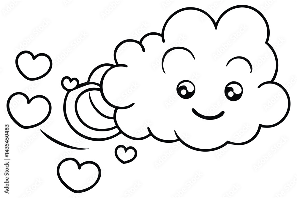 Groovy cloud blowing wind with floating smiley faces and hearts