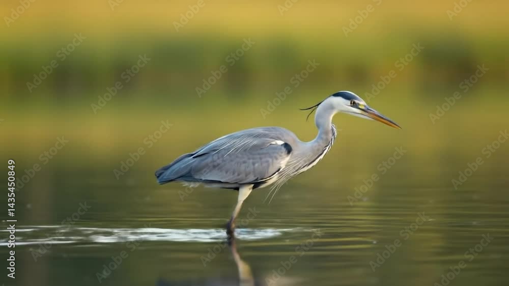 Elegant Grey Heron Standing in Shallow Water Elegant Grey Heron Standing in Shallow Water