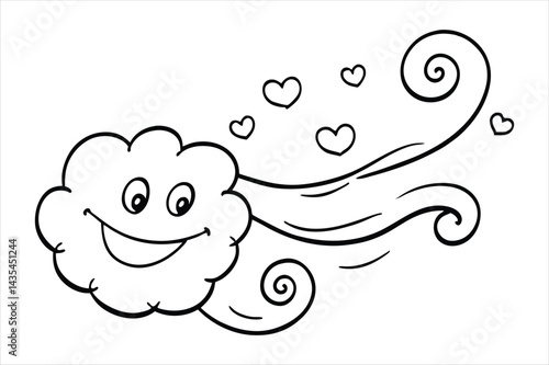 Groovy cloud blowing wind with floating smiley faces and hearts