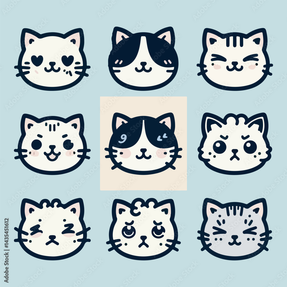 A set of cute cat face icons with different expressions and fur patterns A set of cute cat face icons with different expressions and fur patterns