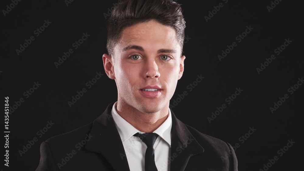 Charming man laughs before shifting to a serious gaze at the camera Charming man laughs before shifting to a serious gaze at the camera