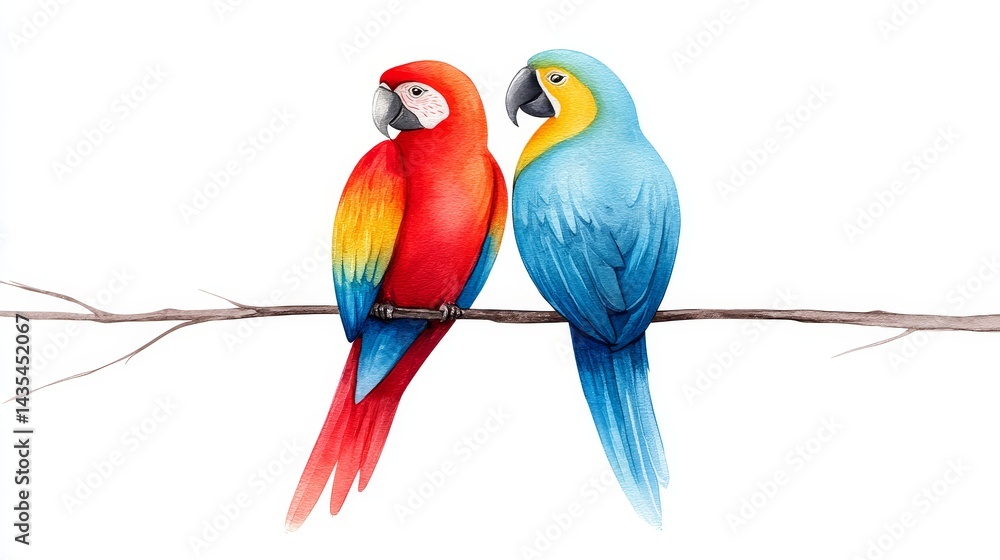 Fototapeta premium Watercolor Parrots on Branch - Two vibrant parrots, red and blue, perched on a branch, symbolize love, freedom, paradise, and exotic beauty. A watercolor painting