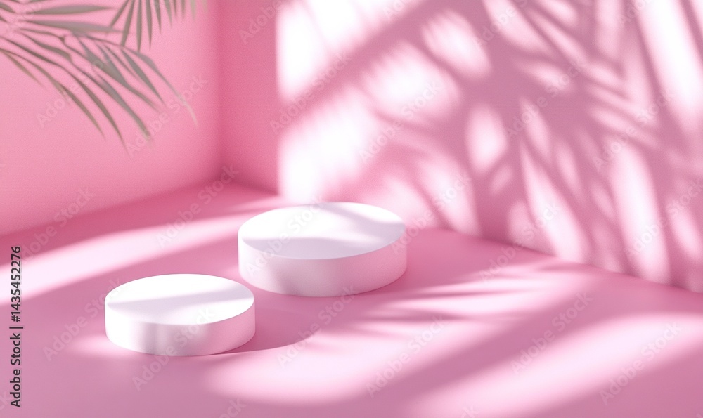 3D rendering of white cosmetic products on a pink background with shadows from a window, a set mockup for product presentation. Minimalist style. Isolated scene, high resolution. 3D rendering of white cosmetic products on a pink background with shadows from a window, a set mockup for product presentation. Minimalist style. Isolated scene, high resolution.