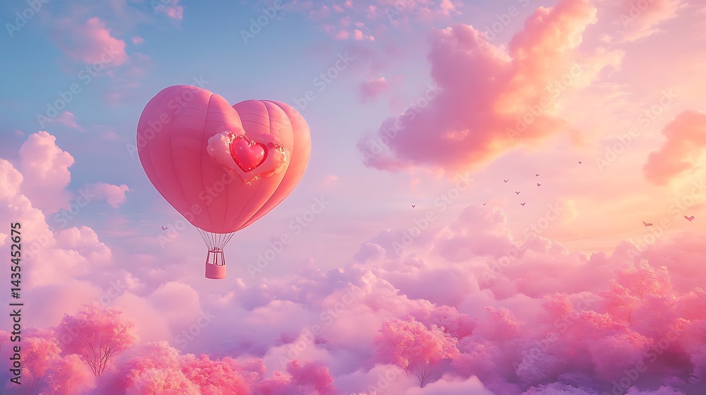 Obraz premium A whimsical, heart-shaped hot air balloon floats through a pastel sky.