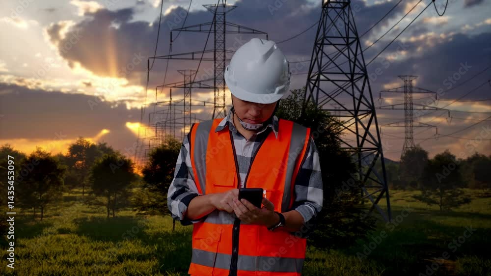 Asian Male Engineer With Safety Helmet Using Smartphone While Standing near High voltage tower Asian Male Engineer With Safety Helmet Using Smartphone While Standing near High voltage tower