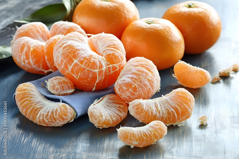 Juicy Peeled Mandarin Oranges on Rustic Table Juicy Peeled Mandarin Oranges on Rustic Table