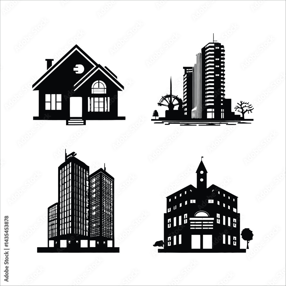 Fototapeta premium Black and white vector illustration of house building city skyline architecture design element for graphics