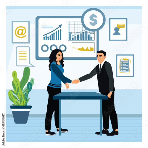 Two business partners shake hands after reaching a mutually beneficial agreement.
