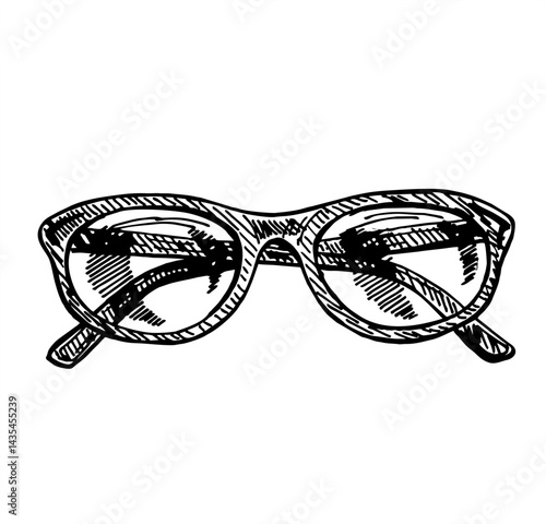 Fashion glasses. Hand drawn vector illustration. Vintage decorative design elements. Hand drawn eyeglass frames, doodle eyewear. Glasses isolated on a white background, fashion vintage illustration