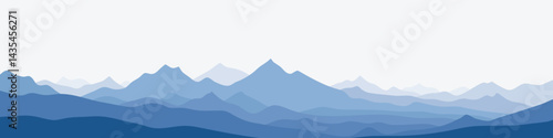Vector illustration of mountains, ridge in the morning haze, panoramic view	