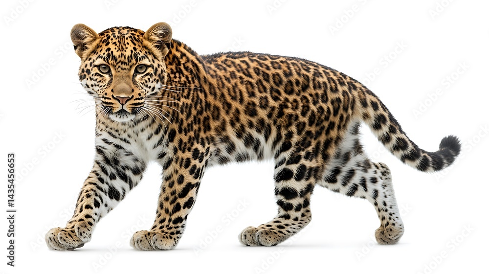 Fototapeta premium A majestic leopard strides, its spotted coat vibrant against a stark white background