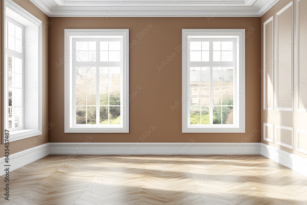 Empty Room with Large Windows and Herringbone Floor