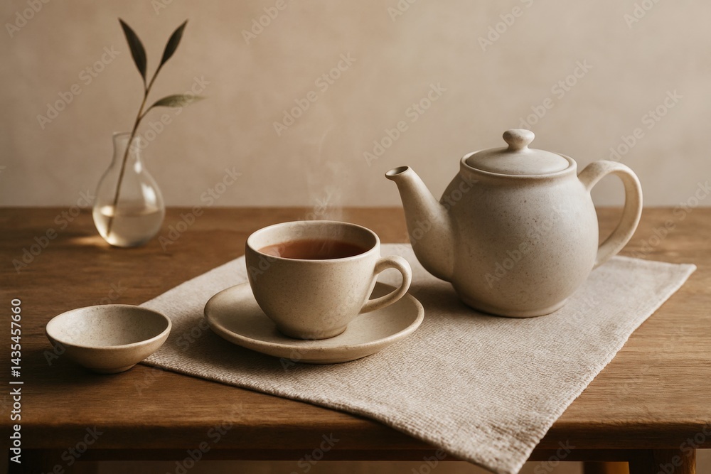 Fototapeta premium still life with tea set on rustic table and natural linen