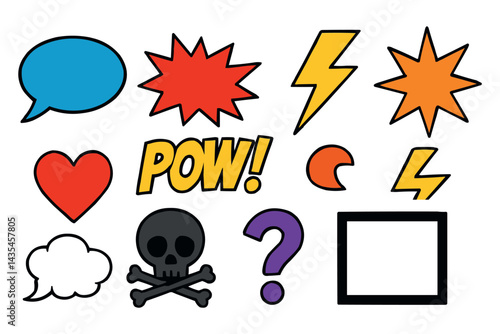 Colorful Comic Icons Collection Speech Bubbles Lightning Heart Skull Explosion Pow

