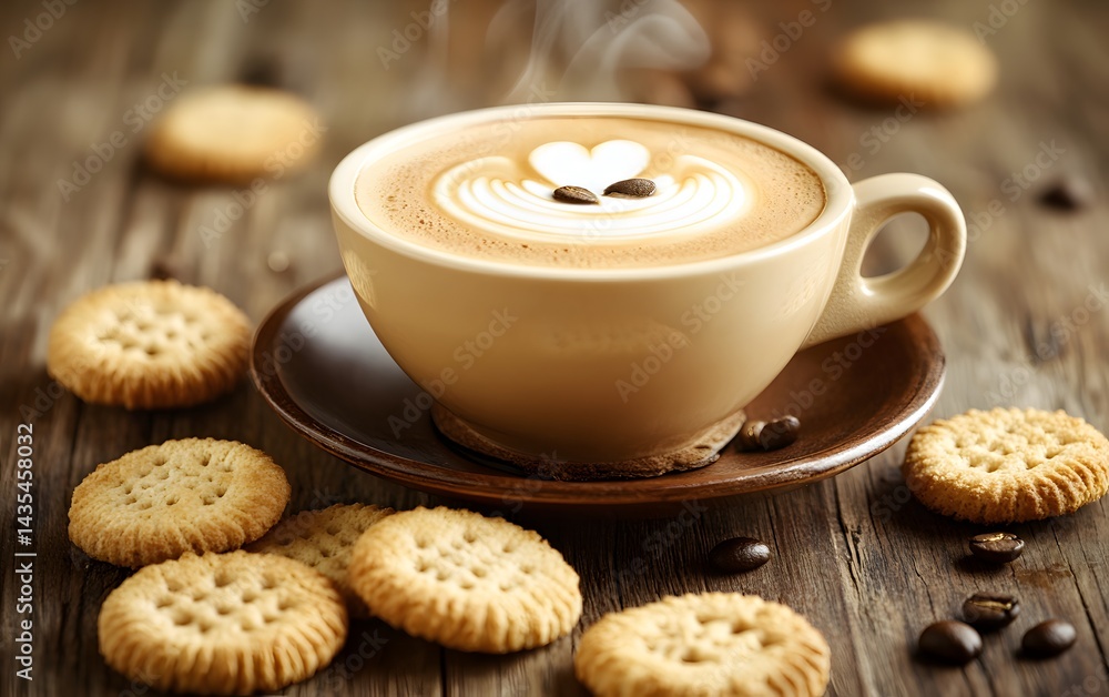 Latte Coffee with Biscuits on Wooden Table Latte Coffee with Biscuits on Wooden Table