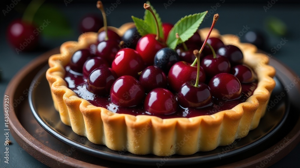 A delectable cherry tart topped with fresh berries and vibrant green leaves, beautifully presented on a plate, captures a mouth-watering dessert scene A delectable cherry tart topped with fresh berries and vibrant green leaves, beautifully presented on a plate, captures a mouth-watering dessert scene