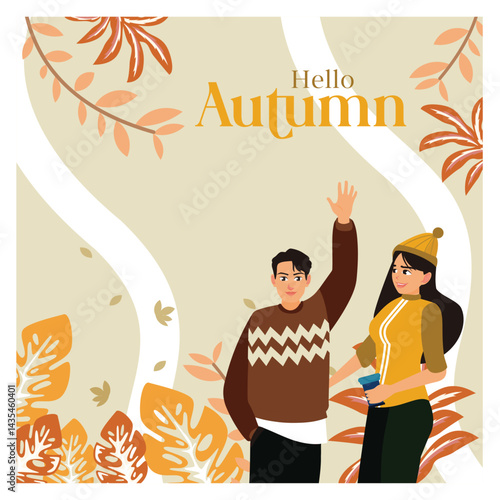 Young couple enjoying autumn season amid colorful falling leaves.