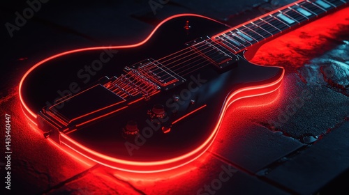 A black electric guitar highlighted with vibrant red neon lights