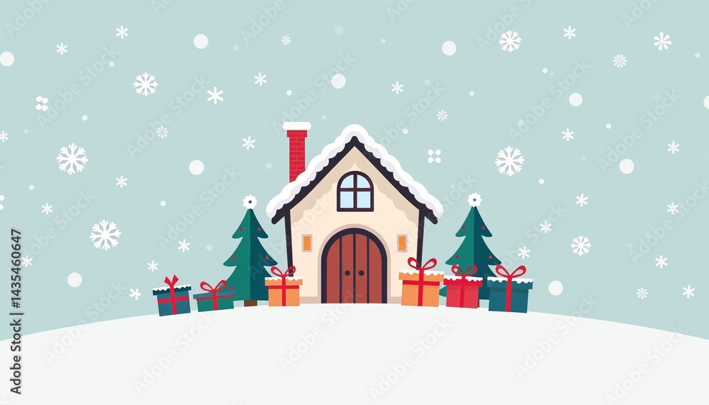 Fototapeta premium Simple cartoon snow-covered house illustration in light blue and white with presents and trees for Christmas