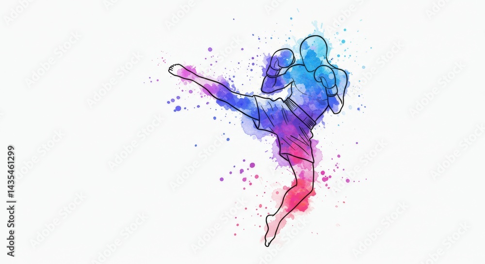 Obraz premium Vibrant watercolor kickboxer illustration expressing dynamic movement and fluid power
