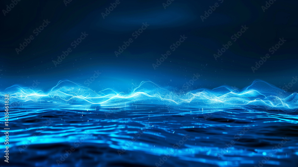Fototapeta premium Bioluminescent waves glow electric blue under night sky, a mystical marine wonder