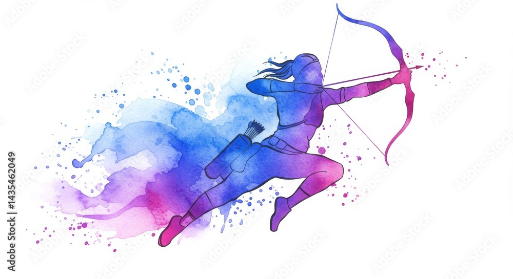 Obraz premium Dynamic watercolor archery illustration with fluid motion and vibrant color washes