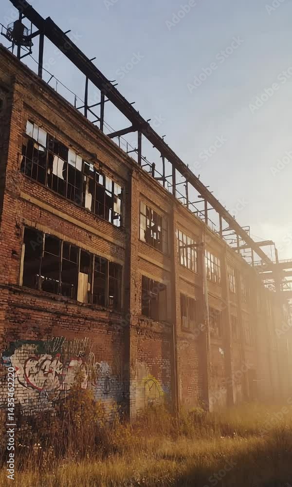 Abandoned Brick Factory with Rusted Beams, Broken Windows, Overgrown Lot, Graffiti, Cracked Concrete, and Dramatic Sunlight in a Gritty Urban Exploration Scene with Post-Apocalyptic Atmosphere Abandoned Brick Factory with Rusted Beams, Broken Windows, Overgrown Lot, Graffiti, Cracked Concrete, and Dramatic Sunlight in a Gritty Urban Exploration Scene with Post-Apocalyptic Atmosphere