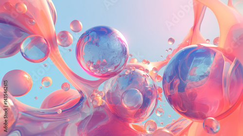 Liquid bubbles deeply clean enlarged fabric fibers. blood stains, coffee stains, sauces remove, 3d rendering.