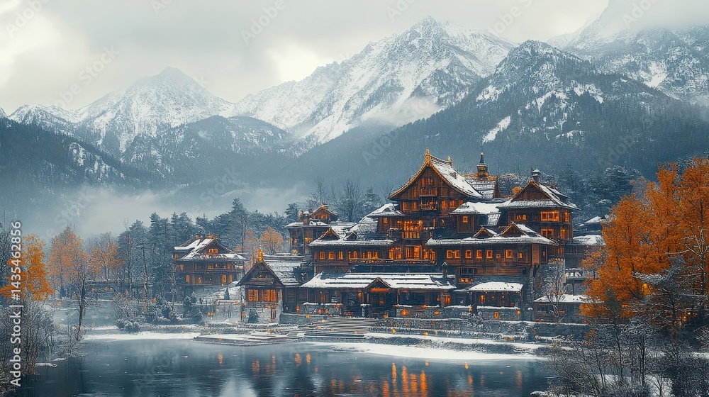 Fototapeta premium Snowy mountain landscape with a large wooden building by a lake.