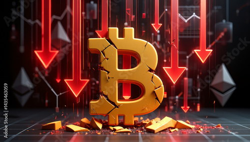 Wallpaper Mural Bitcoin Crash Concept with Cracked Symbol and Falling Market Data – AI Generated Torontodigital.ca