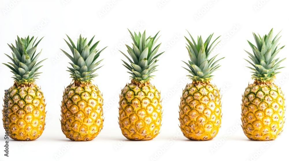 Fototapeta premium Five ripe pineapples arranged in a row against a white background.