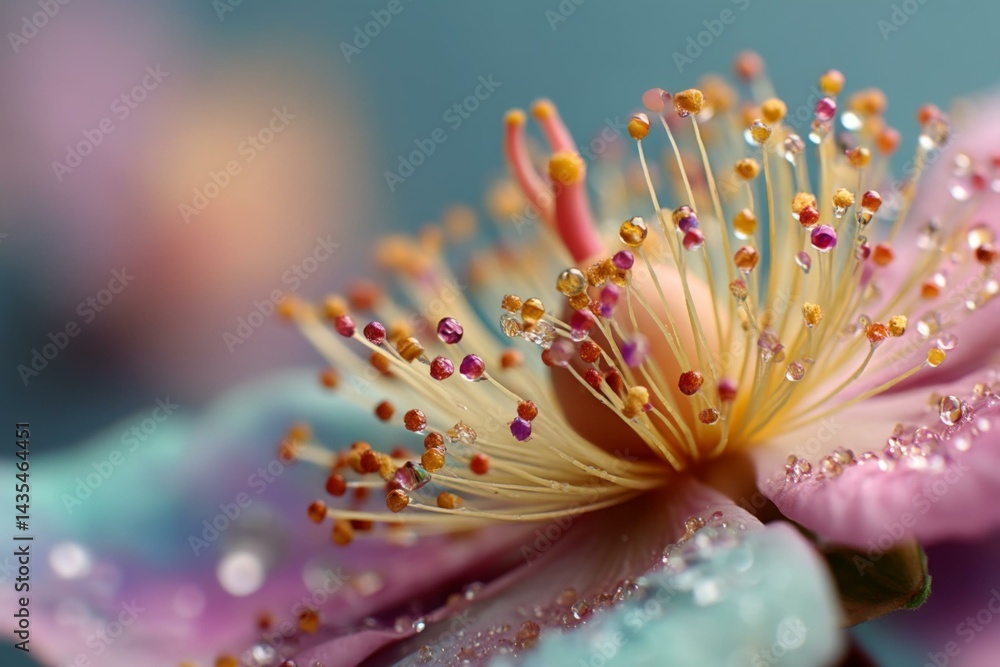 Fototapeta premium Floral Close-Up with Pollen and Glistening Water Droplets on a Pastel Background for Botanical Designs
